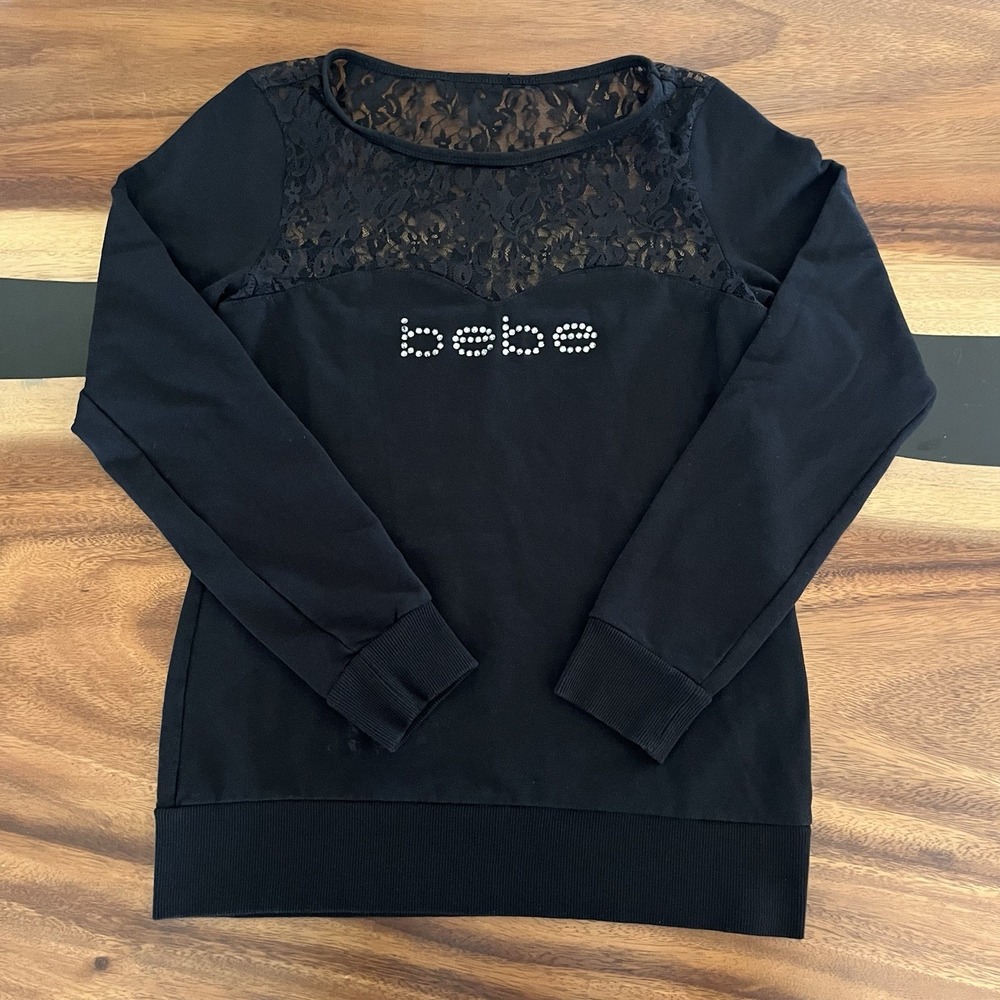Vintage Bebe Top Womens Large Black Floral Lace Yoke Y2K Rhinestone Logo 2000s